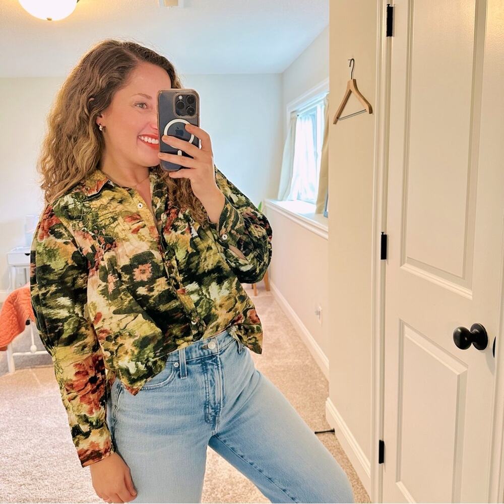 NWT Tuckernuck Ro’s Garden Cotton Green Pink Long Sleeve Blouse Top XS